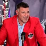 Oct 21, 2023; Foxborough, MA, USA; New England Patriots former line backer and current Tennessee Titans head coach Mike Vrabel makes a speech at his 2023 Patriots Hall of Fame induction in the Cross Insurance Pavilion at Gillette Stadium.