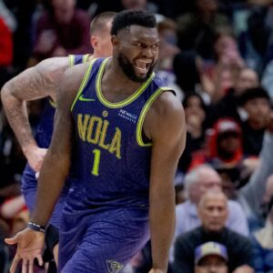 New Orleans Pelicans forward Zion Williamson (1) reacts after a fouled was not called against the Minnesota Timberwolves during the second half at Smoothie King Center