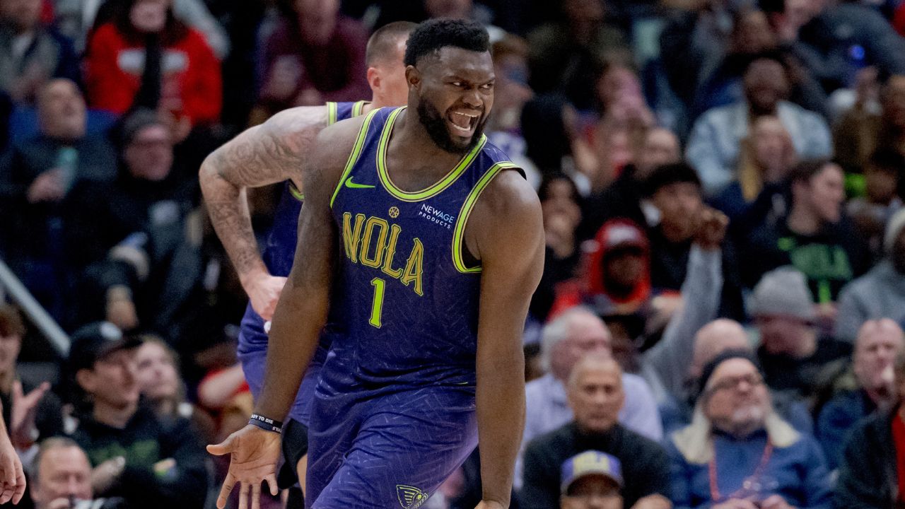 New Orleans Pelicans forward Zion Williamson (1) reacts after a fouled was not called against the Minnesota Timberwolves during the second half at Smoothie King Center
