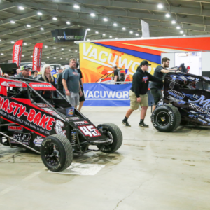 Johnny Herrera at the 2019 Chili Bowl Nationals, Johnny Herrera`s race car being pushed onto the dirt track at the 2019 Chili Bowl Nationals Midget Race in Tulsa, OK.