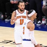 New York Knicks guard Josh Hart (3) celebrates with guard Jalen Brunson (11) in the fourth quarter against the Philadelphia 76ers in game one of the first round for the 2024 NBA playoffs at Madison Square Garden.