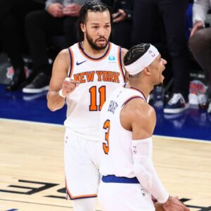 New York Knicks guard Josh Hart (3) celebrates with guard Jalen Brunson (11) in the fourth quarter against the Philadelphia 76ers in game one of the first round for the 2024 NBA playoffs at Madison Square Garden.
