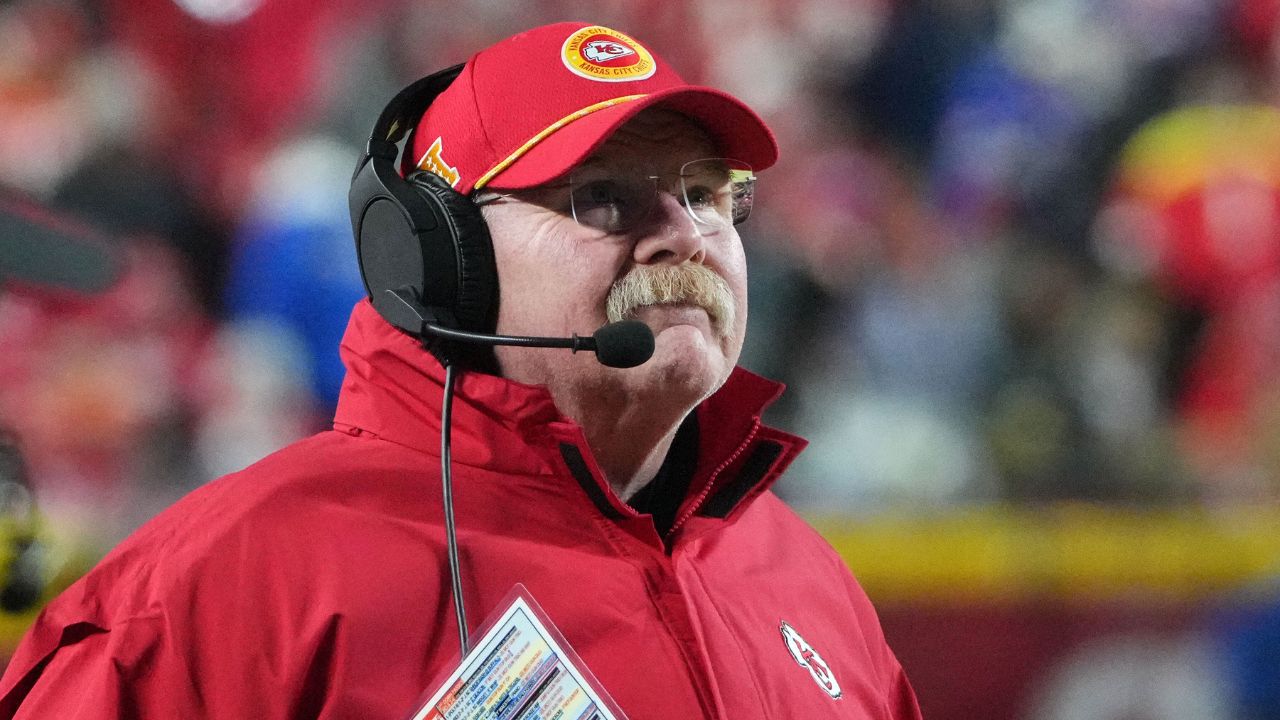 Kansas City Chiefs head coach Andy Reid during the second half against the Buffalo Bills in the AFC Championship game at GEHA Field at Arrowhead Stadium.
