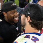 Sep 29, 2024; Baltimore, Maryland, USA; Buffalo Bills quarterback Josh Allen (17) speaks with Baltimore Ravens running back Derrick Henry (22) and quarterback Lamar Jackson (8) after the game during the second half at M&T Bank Stadium.