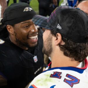Sep 29, 2024; Baltimore, Maryland, USA; Buffalo Bills quarterback Josh Allen (17) speaks with Baltimore Ravens running back Derrick Henry (22) and quarterback Lamar Jackson (8) after the game during the second half at M&T Bank Stadium.