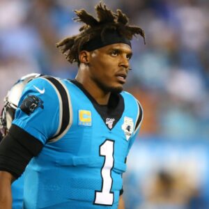 Sep 12, 2019; Charlotte, NC, USA; Carolina Panthers quarterback Cam Newton (1) walks off the field during the second quarter against the Tampa Bay Buccaneers at Bank of America Stadium.