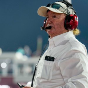 May 21, 2023; North Wilkesboro, North Carolina, USA; Team Owner Richard Childress watches from atop Victory Lane during the All Star Race at North Wilkesboro Speedway. Mandatory Credit: Jim Dedmon-Imagn Images