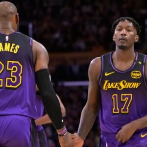 Los Angeles Lakers forward Dorian Finney-Smith (17) subs into the game for forward LeBron James (23) in the first half against the Portland Trail Blazers at Crypto.com Arena.