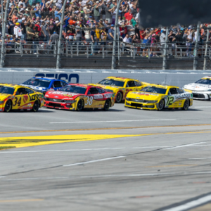 Oct 6, 2024; Talladega, Alabama, USA; The pace car departs for the first lap of the first stage of the YellaWood 500 at Talladega Superspeedway. Mandatory Credit: Vasha Hunt-Imagn Images