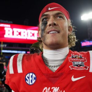 Mississippi Rebels quarterback Jaxson Dart (2) celebrates after beating the Duke Blue Devils in the Gator Bowl at EverBank Stadium.