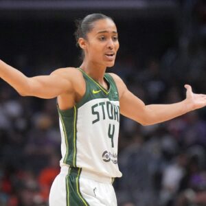 Seattle Storm guard Skylar Diggins-Smith (4) reacts in the second half against the LA Sparks at Crypto.com Arena