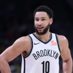 Brooklyn Nets guard Ben Simmons (10) reacts to a play against the Utah Jazz during the third quarter at Delta Center.