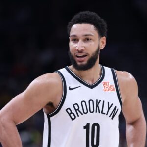 Brooklyn Nets guard Ben Simmons (10) reacts to a play against the Utah Jazz during the third quarter at Delta Center.