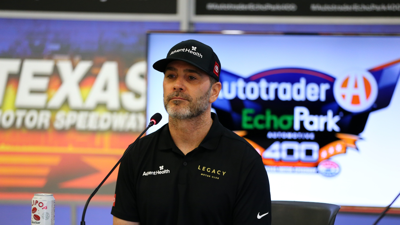Seven time NASCAR Cup Series Champion Jimmy Johnson (84) answers questions from the media before practice for the NASCAR Cup Series AutoTrader EchoPark Automotive 400 at Texas Motor Speedway.