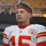 Dec 25, 2024; Pittsburgh, Pennsylvania, USA; Netflix reporter Stacey Dales (left) interviews Kansas City Chiefs quarterback Patrick Mahomes (15) and tight end Travis Kelce (87) after the Chief defeated the Pittsburgh Steelers at Acrisure Stadium.