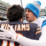 Detroit Lions quarterback Jared Goff (16) hugs Chicago Bears quarterback Caleb Williams (18) after 34-17 win at Soldier Field in Chicago, Ill. on Sunday, Dec. 22, 2024.