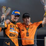 8.December.2024; Lando Norris and Zak Brown of McLaren F1 Team celebrate win on the podium during Formula One Abu Dhabi GP