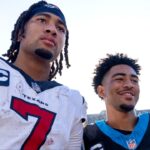 Houston Texans quarterback C.J. Stroud (7) and Carolina Panthers quarterback Bryce Young (9) after the game at Bank of America Stadium.