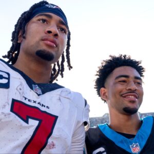 Houston Texans quarterback C.J. Stroud (7) and Carolina Panthers quarterback Bryce Young (9) after the game at Bank of America Stadium.