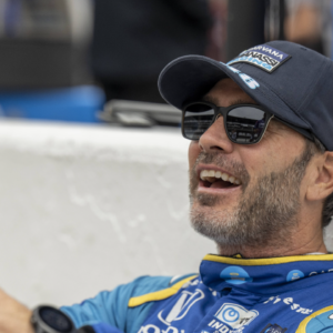 Chip Ganassi Racing driver Jimmie Johnson (48) sits in his pits before the top 12 qualifying practice for the qualifying of the 106th Indianapolis 500 at the Indianapolis Motor Speedway.