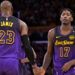 Los Angeles Lakers forward Dorian Finney-Smith (17) subs into the game for forward LeBron James (23) in the first half against the Portland Trail Blazers at Crypto.com Arena.