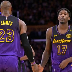 Los Angeles Lakers forward Dorian Finney-Smith (17) subs into the game for forward LeBron James (23) in the first half against the Portland Trail Blazers at Crypto.com Arena.