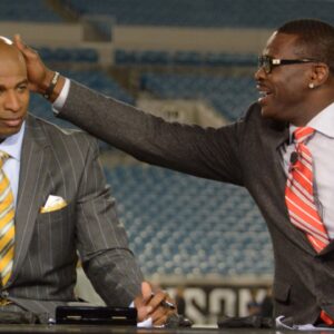 Dec 5, 2013; Jacksonville, FL, USA; Rich Eisen (left), Deion Sanders (center) and Michael Irvin on the NFL Network set before the game between the Houston Texans and the Jacksonville Jaguars at EverBank Field.