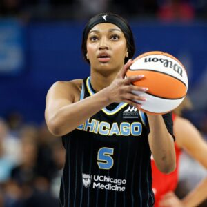 Chicago Sky forward Angel Reese (5) shoots a free throw against the Indiana Fever during the second half at Wintrust Arena