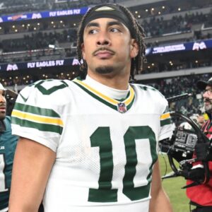 Jan 12, 2025; Philadelphia, Pennsylvania, USA; Green Bay Packers quarterback Jordan Love (10) reacts after the game against the Philadelphia Eagles in an NFC wild card game at Lincoln Financial Field.