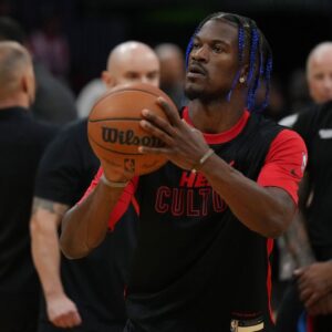 Miami Heat forward Jimmy Butler (22) warms-up before a game against the Phoenix Suns at Kaseya Center
