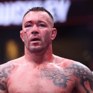 Colby Covington (red gloves) reacts after the fight against Joaquin Buckley (blue gloves) at Amalie Arena.