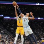 San Antonio Spurs center Victor Wembanyama (1) blocks a shot by Los Angeles Lakers forward Anthony Davis (3) in the second half at Frost Bank Center.