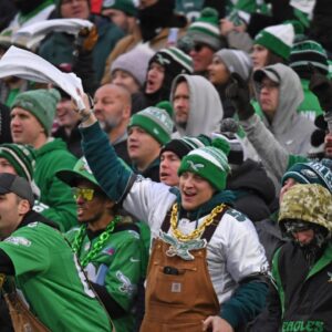 Philadelphia Eagles fans against the Los Angeles Rams in a 2025 NFC divisional round game at Lincoln Financial Field.