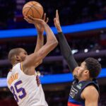 Phoenix Suns forward Kevin Durant (35) shoots the ball over Detroit Pistons guard Malik Beasley (5) during the second half at Little Caesars Arena