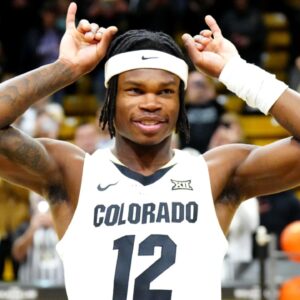 Dec 21, 2024; Boulder, Colorado, USA; Colorado Buffaloes Heisman trophy winner Travis Hunter before the game against the Bellarmine Knights at CU Events Center.