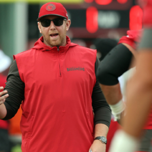 Jul 25, 2024; Tampa, FL, USA; Tampa Bay Buccaneers offensive coordinator Liam Coen during training camp at AdventHealth Training Center. Mandatory Credit: Kim Klement Neitzel-Imagn Images
