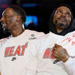 Miami Heat center Bam Adebayo (13) talks during a ceremony to celebrate the last regular season game of Miami Heat forward Udonis Haslem (40) prior to the game against the Orlando Magic at Kaseya Center.