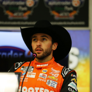 Apr 14, 2024; Fort Worth, Texas, USA; NASCAR Cup Series driver Chase Elliott (9) answers questions from the media after winning the NASCAR Cup Series AutoTrader EchoPark 400 at Texas Motor Speedway. Mandatory Credit: Michael C. Johnson-Imagn Images