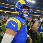 Los Angeles Rams quarterback Matthew Stafford (9) reacts after the game against the Arizona Cardinals at SoFi Stadium.