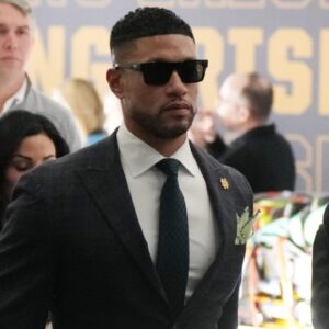 Jan 20, 2025; Atlanta, GA, USA; Notre Dame Fighting Irish head coach Marcus Freeman arrives before playing against the Ohio State Buckeyes in the CFP National Championship college football game at Mercedes-Benz Stadium.