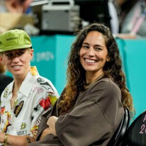 Megan Rapinoe and Sue Bird watch a women's basketball semifinal game during the Paris 2024 Olympic Summer Games at Accor Arena.