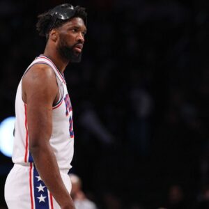 Philadelphia 76ers center Joel Embiid (21) looks up court during the first quarter against the Brooklyn Nets at Barclays Center.