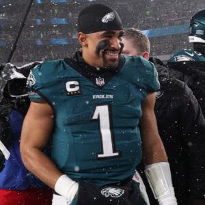 Jan 19, 2025; Philadelphia, Pennsylvania, USA; Philadelphia Eagles quarterback Jalen Hurts (1) walks off the field after defeating the Los Angeles Rams in a 2025 NFC divisional round game at Lincoln Financial Field.