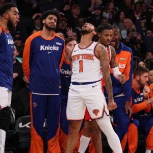 New York Knicks guard Cameron Payne (1) reacts after making a three point basket during the second half against the Memphis Grizzlies at Madison Square Garden