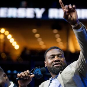 Former Grizzlies players Zach Randolph and Tony Allen smile while speaking with the other “Core Four” players during Marc Gasol’s jersey retirement ceremony at FedExForum in Memphis, Tenn., on Saturday, April 6, 2024.