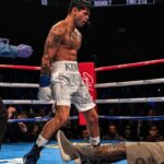 Action between WBC super lightweight champion DEVIN HANEY (31-1 gray) and RYAN GARCIA (25-1 white) in the main event of the evening from Barclays Center in Brooklyn. Garcia won a majority decision after 12 rounds in an all action fight knocking Haney down in the 7th, 10th and 11th rounds. But, Garcia didn t make weight for the bout so Haney s title becomes vacant.