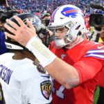 Dec 8, 2019; Orchard Park, NY, USA; Baltimore Ravens quarterback Lamar Jackson (8) greets Buffalo Bills quarterback Josh Allen (17) following the game at New Era Field.