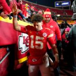 Jan 18, 2025; Kansas City, Missouri, USA; Kansas City Chiefs quarterback Patrick Mahomes (15) shakes hands with fans after defeating the Houston Texans in a 2025 AFC divisional round game at GEHA Field at Arrowhead Stadium.