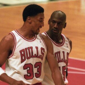 Chicago Bulls guard Michael Jordan (45) talks with forward Scottie Pippen (33) after a timeout from the game against the Boston Celtics at Chicago Stadium. The Bulls beat the Celtics 100-82.
