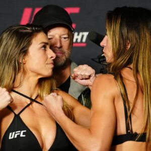 MACKENZEI DERN and AMANDA RIBAS face-off following the official weigh-ins at Palace Station for Ultimate Fighting Championship UFC Fight Night in Las Vegas. Las Vegas USA - ZUMAp175 20250110_zsa_p175_110 Copyright: xLouisxGrassex